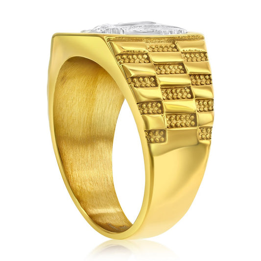 Stainless Steel, Square Textured, Eagle Design Ring - Gold Plated