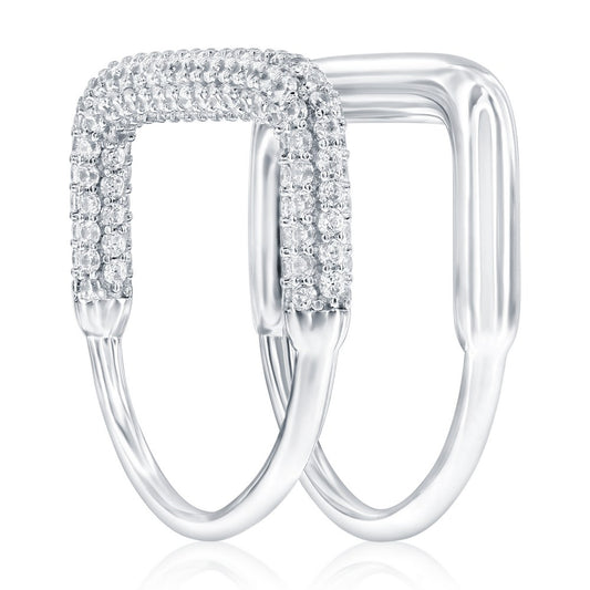 Sterling Silver Double Band, Polished & Micro Pave CZ Square Style Ring