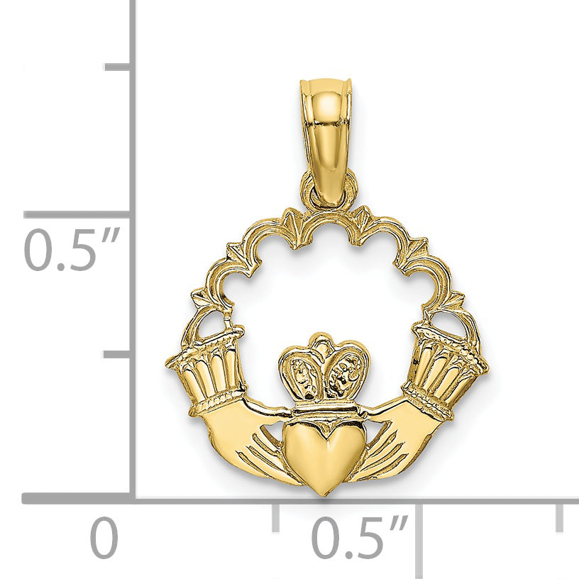 10K Engraved Claddagh In Scallop Circle Charm