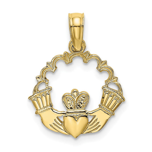 10K Engraved Claddagh In Scallop Circle Charm