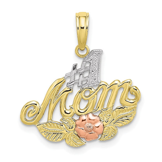 10k Two-tone w/White Rhodium &num;1 MOM w/ Flower Charm