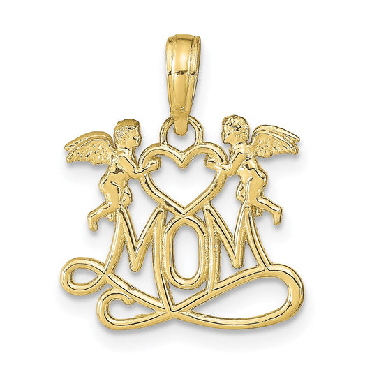 10K Polished MOM w/Heart and Angels Pendant