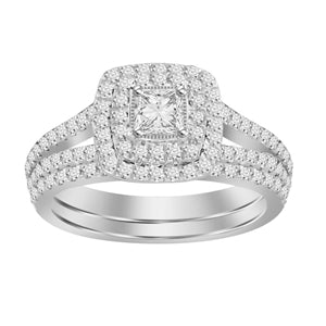 LADIES BRIDAL RING SET 1 CT ROUND/PRINCESS DIAMOND 14K WHITE GOLD