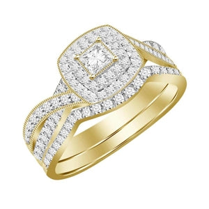 LADIES BRIDAL RING SET 3/4 CT ROUND/PRINCESS DIAMOND 14K YELLOW GOLD