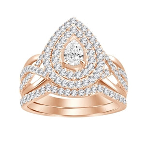 LADIES BRIDAL RING SET 1 CT ROUND/PEAR DIAMOND 14K ROSE GOLD