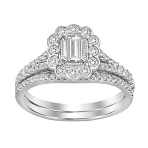 LADIES BRIDAL RING SET 1 CT ROUND/EMERALD DIAMOND 14K WHITE GOLD