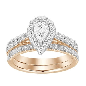 LADIES BRIDAL RING SET 1 CT ROUND/PEAR DIAMOND 14K ROSE GOLD