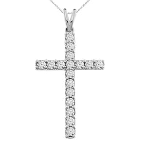 LADIES CROSS PENDANT 1 CT ROUND DIAMOND 10K WHITE GOLD (CHAIN NOT INCLUDED)