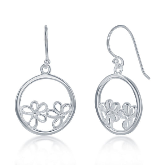Sterling Silver Hanging Circle Earrings With  Flowers