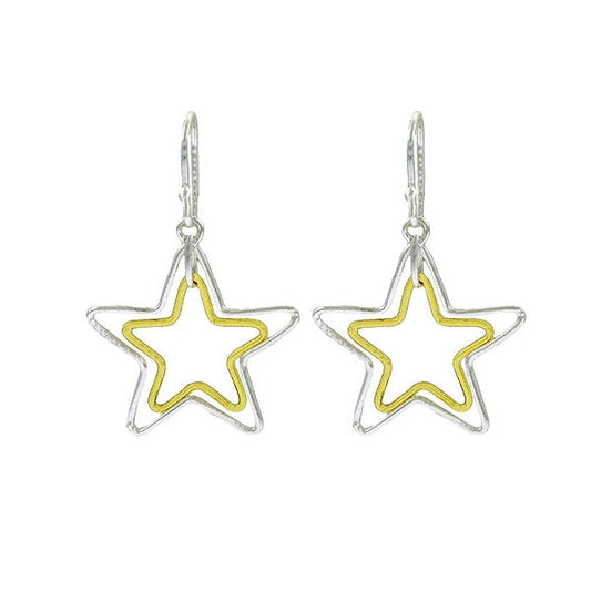 Sterling Silver Two-Tone Double Star Wire Dangling Earrings