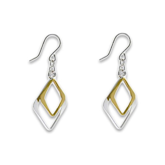 Sterling Silver Two-Tone Double Diamond-Shape Dangling Earrings