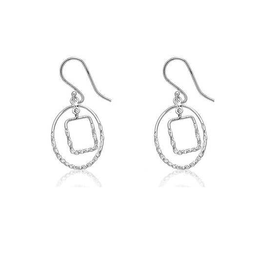Sterling Silver Hammered Square within Oval Wire Earrings