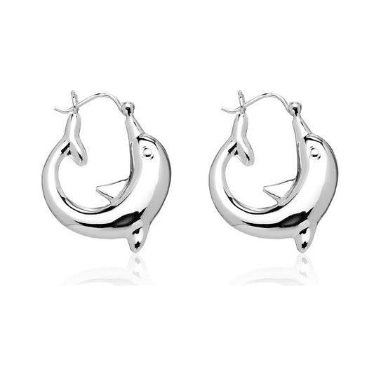Sterling Silver Large Dolphin Circle Hoop Earrings