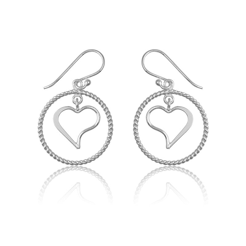 Sterling Silver Twisted Wire Open Circle With  Center Heart Earrings