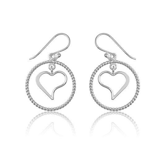 Sterling Silver Twisted Wire Open Circle With  Center Heart Earrings