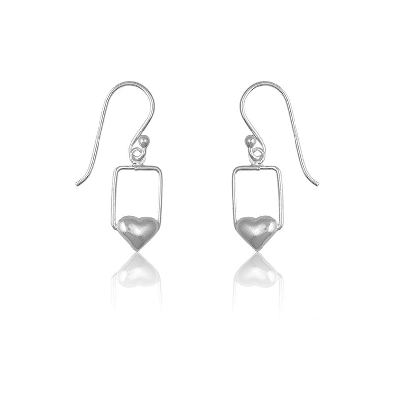 Sterling Silver Small Open Square With  Heart Earrings