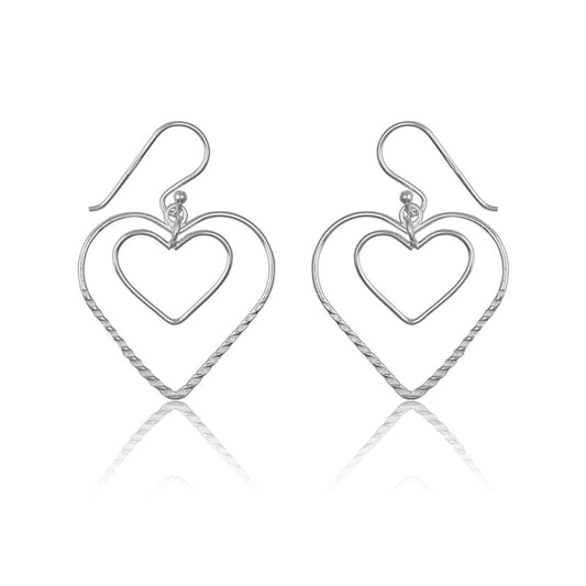Sterling Silver Open Designed Heart With  Inner Open Heart Earrings