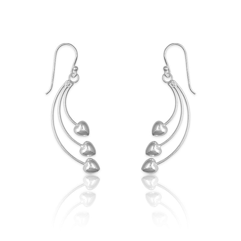 Sterling Silver 3 Lines With  Hearts Earrings