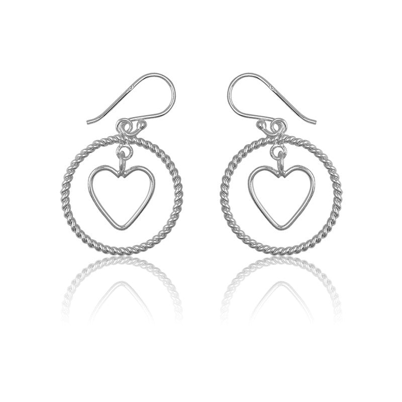 Sterling Silver Twisted Wire Open Circle With  Center Open Heart Earrings