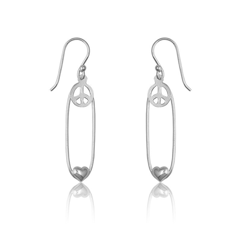 Sterling Silver Open Oval With  Peace Sign and Heart Earrings
