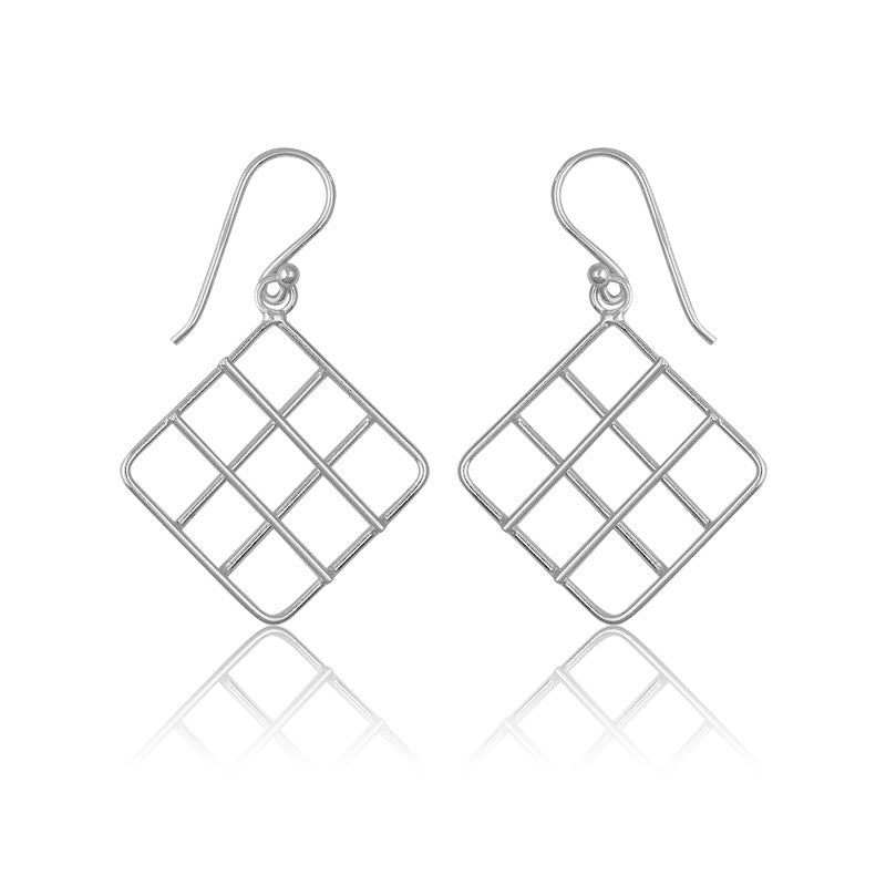 Sterling Silver Open Square With  Lines Earrings