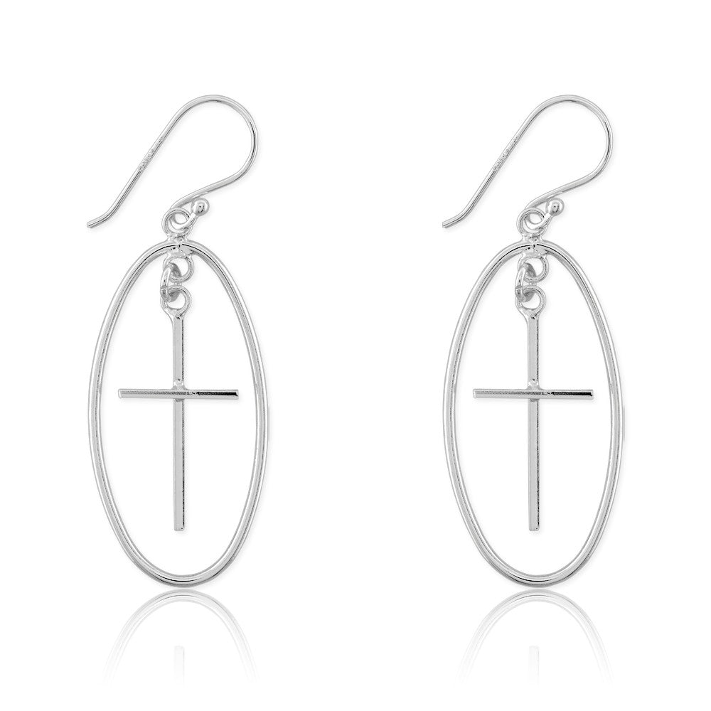 Sterling Silver Large Open Oval With  Cross Earrings