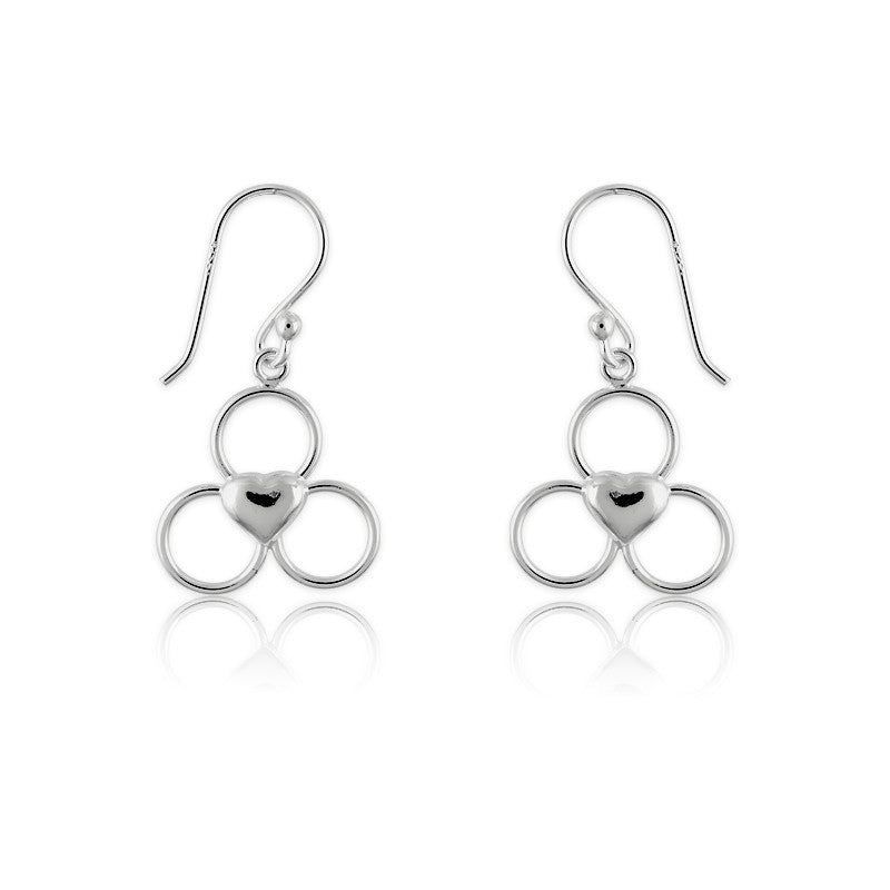 Sterling Silver Triple Circles With  Center Heart Dangling Earrings