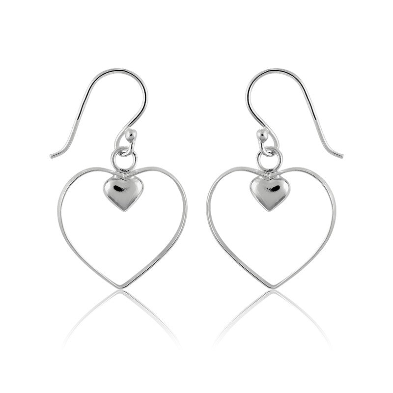Sterling Silver Open Heart With  Small Inner Heart Earrings