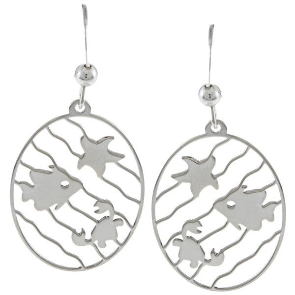 Sterling Silver Oval With Wavy Lines Sea Life Earrings
