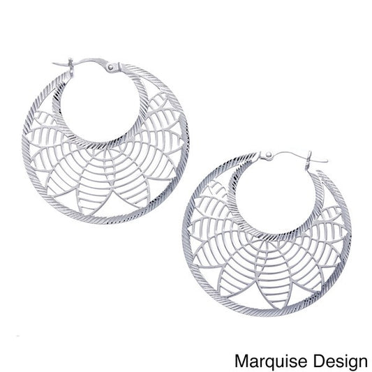 Sterling Silver Flat Round Leaf Design Hoop Earrings