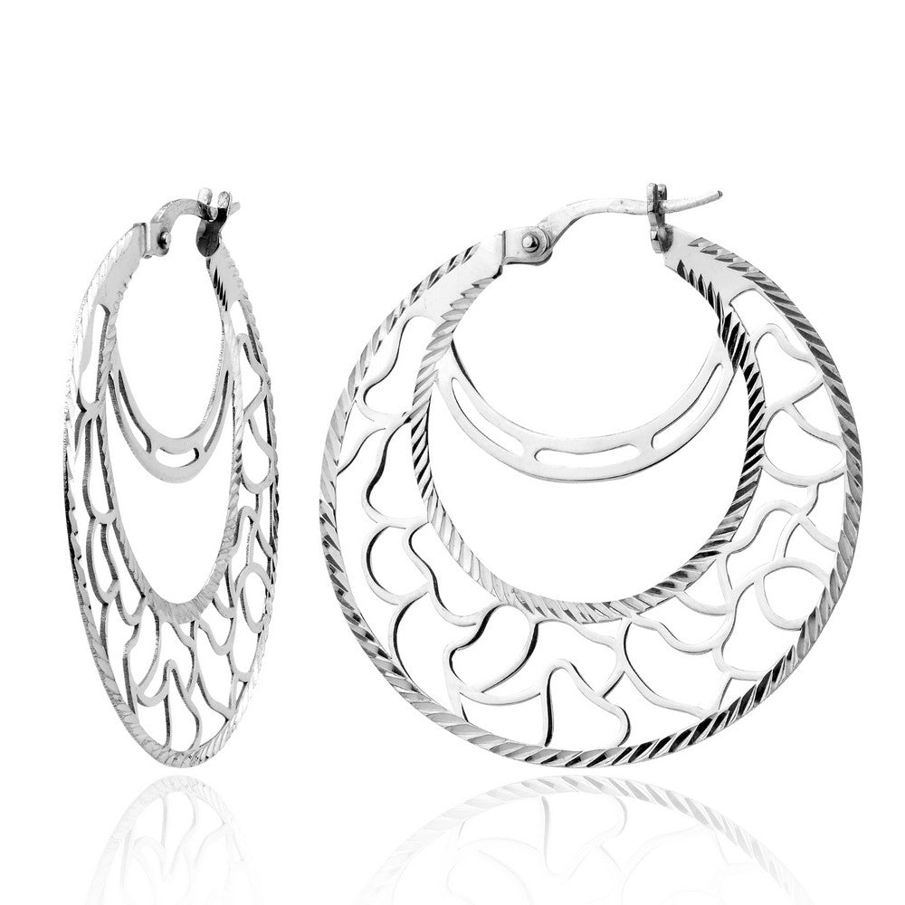 Sterling Silver Flat Round Doodle Design Double Hoop Earrings