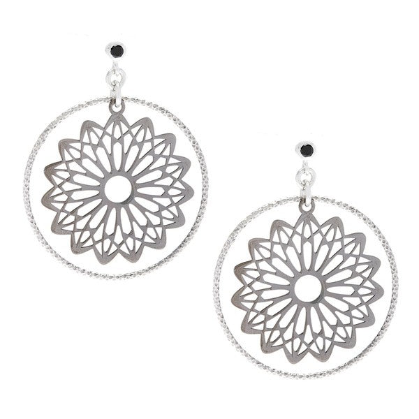 Sterling Silver Diamond Cut Circle with Black Plated Center Flower Earrings