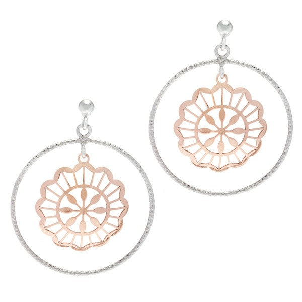 Sterling Silver Diamond Cut Circle with Rose GP Curved Center Flower Earrings