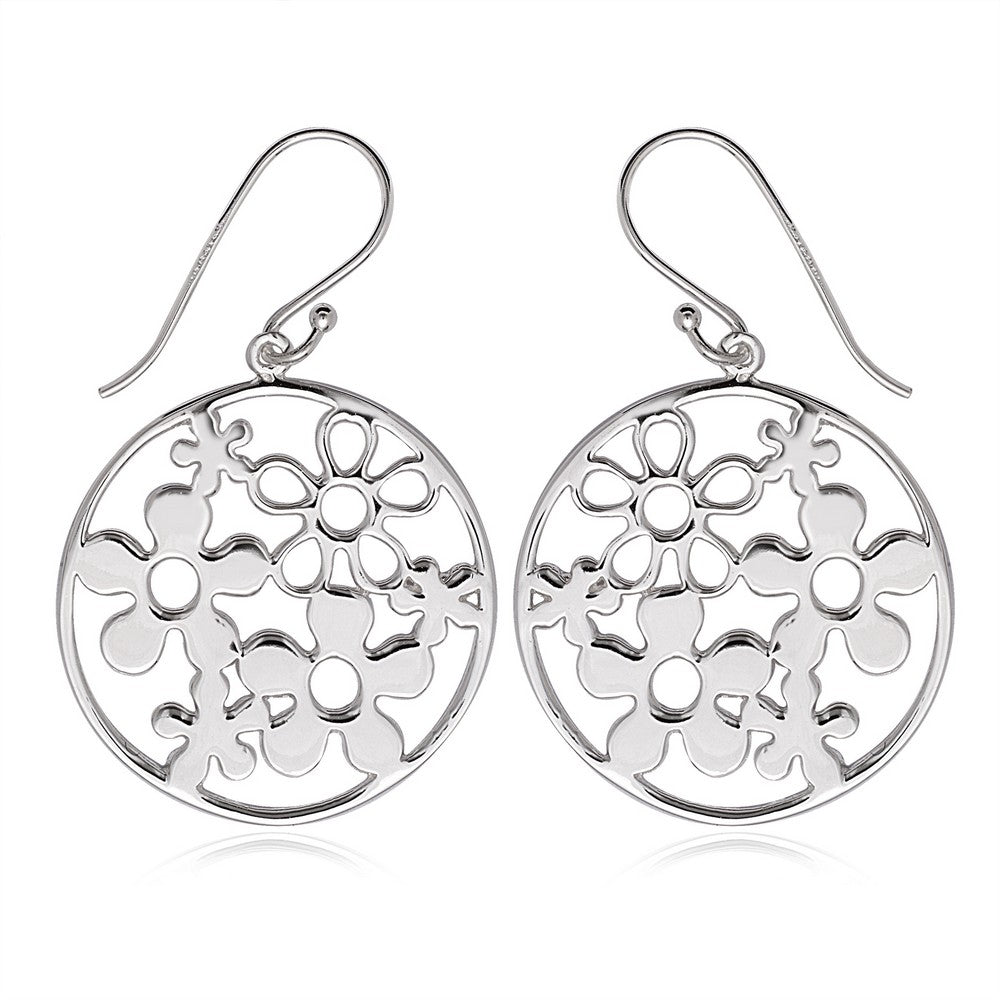Sterling Silver Open Circle with Multiple Flowers Earrings