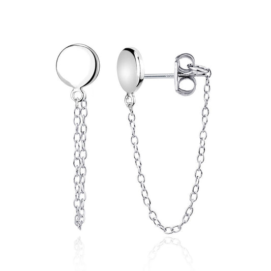Sterling Silver Circle Stud with Looping Chain Earrings