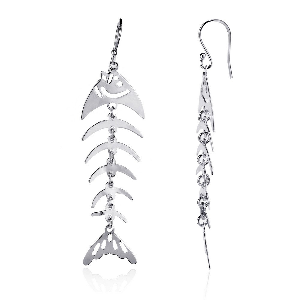 Sterling Silver Long Dangling Fish Skeleton Earrings