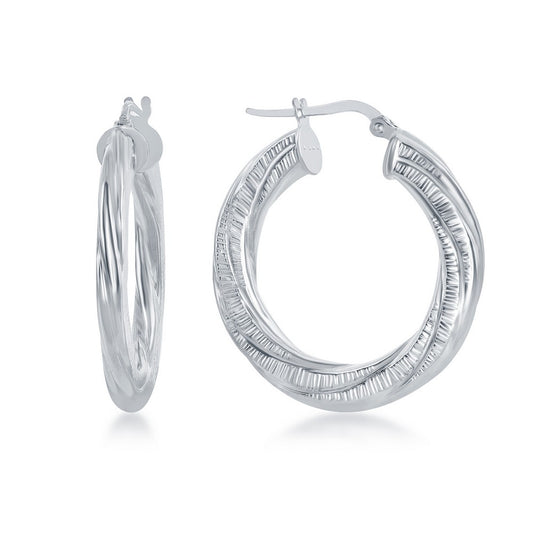 Sterling Silver Twisted Designed Hoop Earrings - Rhodium Plated