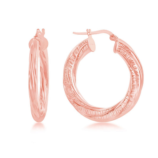 Sterling Silver Twisted Designed Hoop Earrings - Rose Gold Plated