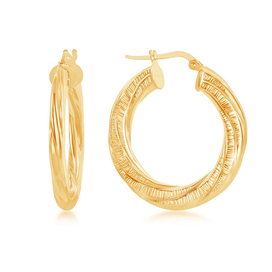 Sterling Silver Twisted Designed Hoop Earrings - Gold Plated