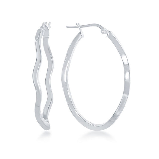 Sterling Silver Wavy Designed Oval Hoop Earrings - Rhodium Plated