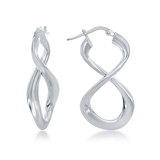 Sterling Silver Large Script Infinity Design Earrings - Rhodium Plated