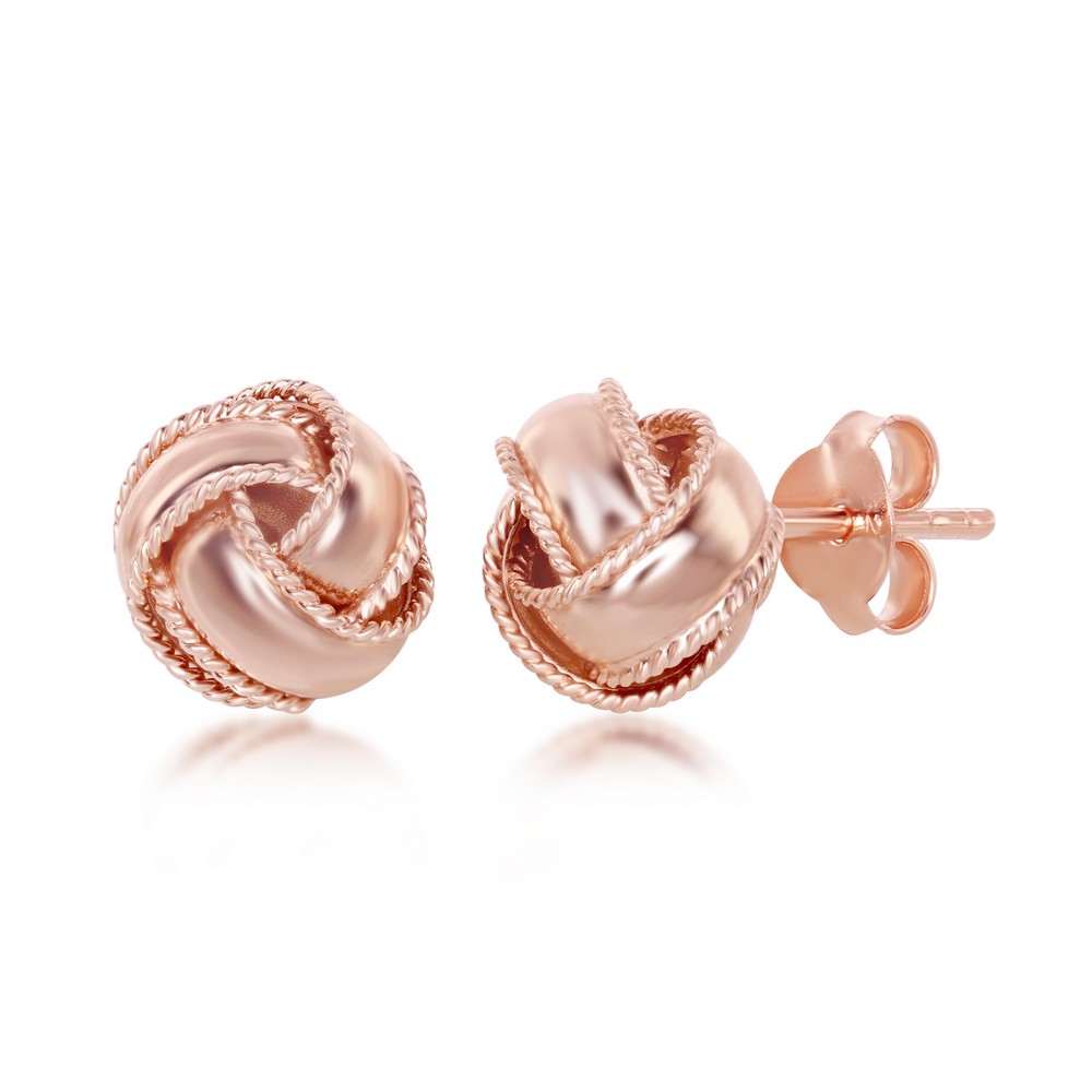 Sterling Silver Rope Border Love Knot Stud Earrings - Rose Gold Plated