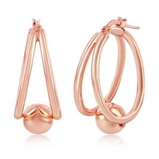 Sterling Silver Double Oval with 8mm Bead Earrings - Rose Gold Plated
