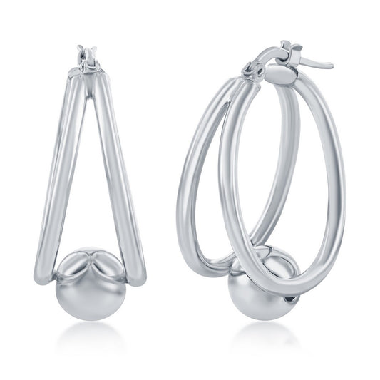 Sterling Silver Double Oval with 8mm Bead Earrings