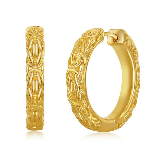 Sterling Silver Gold Plated 25mm Byzantine Design Hoop Earrings