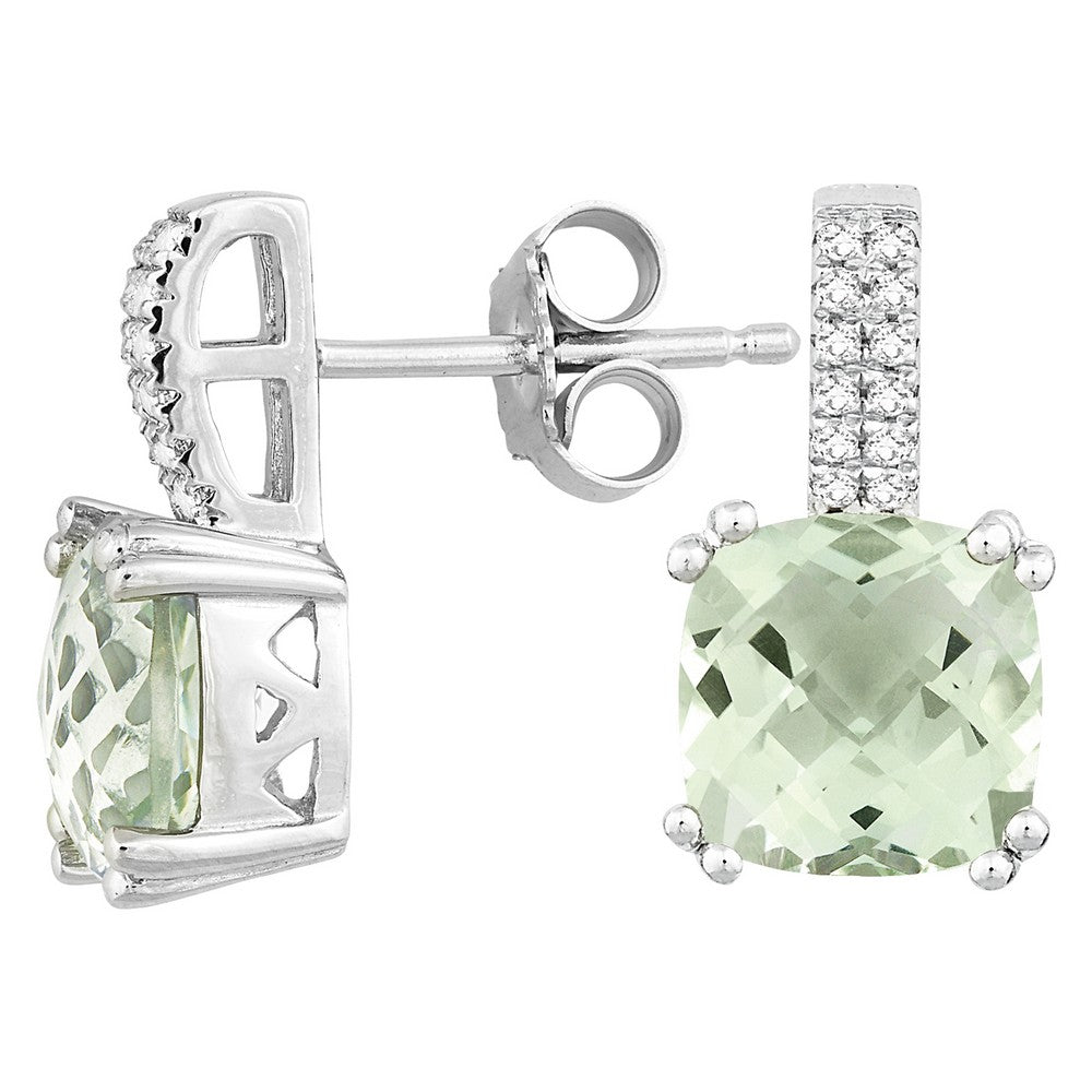 Sterling Silver 4.495 ct Cushion Green Amethyst with .192 ct White Topaz Earring