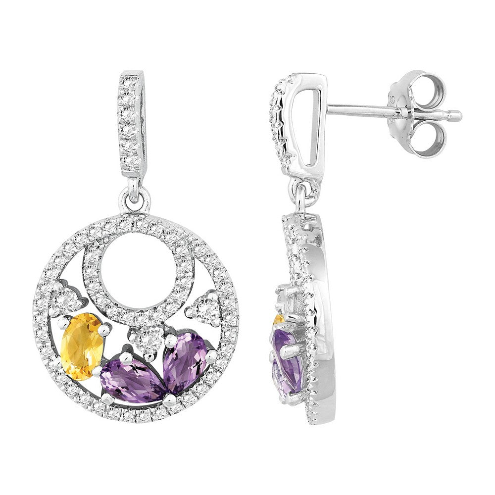 Sterling Silver 1.2 Total ct Pear Amethyst and Oval Citrine with 1.181 ct White Topaz Earring
