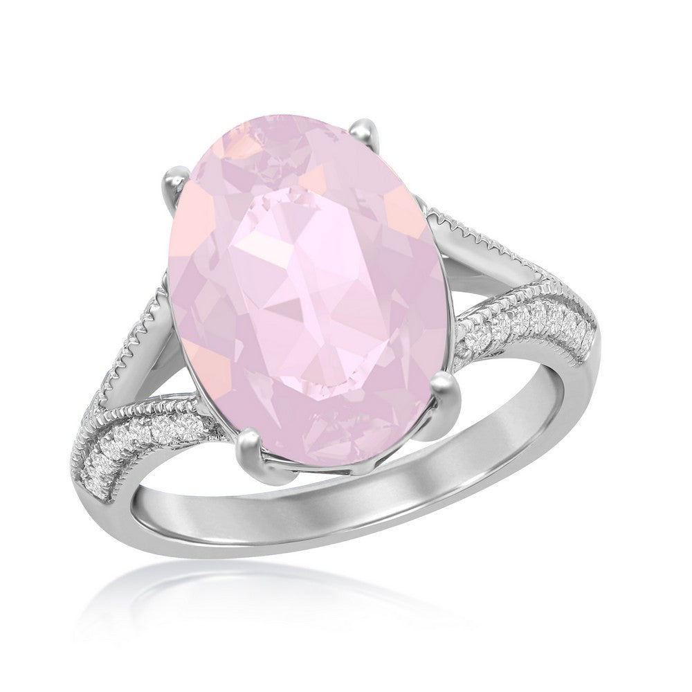 Sterling Silver 14x10mm Oval With  CZ Open Shank - Pink Opal Swarovski Element Ring