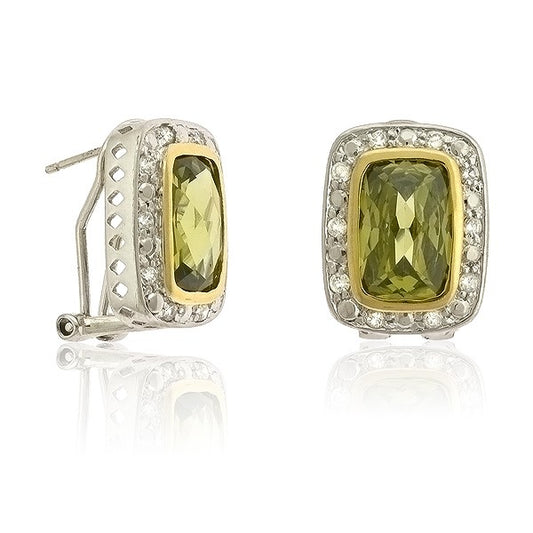 Sterling Silver and GP CZ Earring with Large Rectangle Peridot CZ
