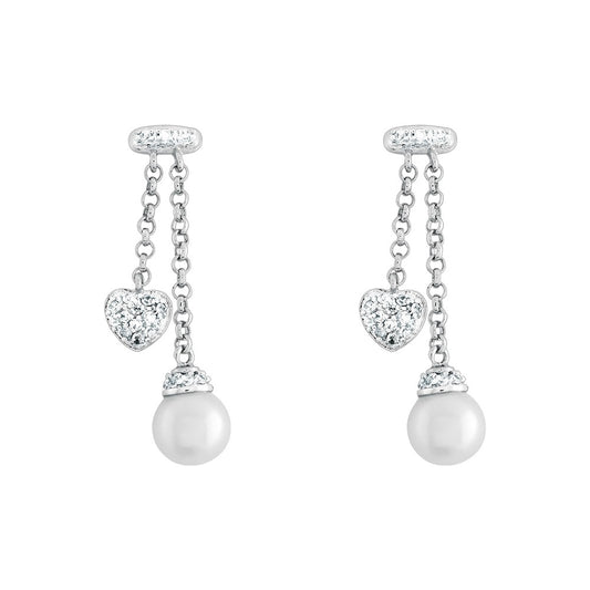 Sterling Silver CZ Bar with Dangling CZ Heart and  Pearl Earrings